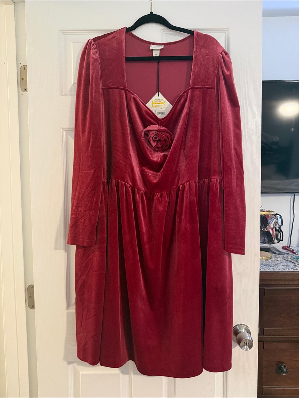 Ava & Viv Velvet Long Sleeve Dress in Red with Rose Detail